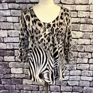 Chico's Brown & Ivory 3/4 Sleeve Light Weight Sweater Size Large